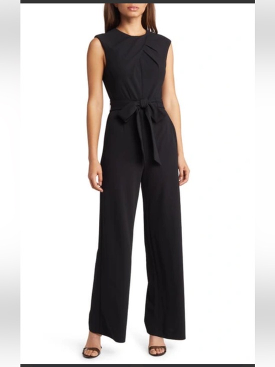 Tahari Pants - Tahari Cross Neck Tie Waist Wide Leg Jumpsuit